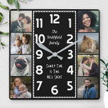 Familie Fotocollage Zwart-wit Art Deco Easy Vierkante Klok<br><div class="desc">Maak je eigen gepersonaliseerde fotocollage klok met deze eenvoudige sjabloon. Deze vierkante, stijlvolle klok heeft witte cijfers in het midden in een lange rechthoek in decostijl en een effen zwarte achtergrond die u kunt "aanpassen" aan elk afbeelding of elke kleur die u wilt. Langs de randen is er ruimte voor...</div>