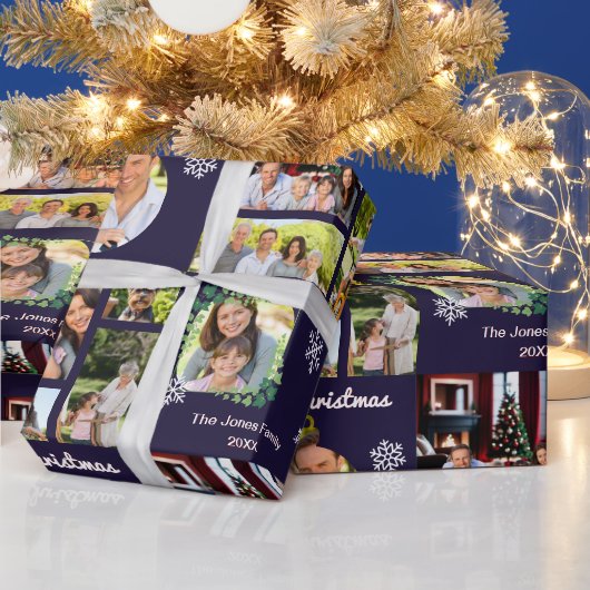 Familie Fotogalerij Donkerblauw Custom Christmas Cadeaupapier (Feestdagen)