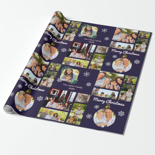 Familie Fotogalerij Donkerblauw Custom Christmas Cadeaupapier (Uitgerold)
