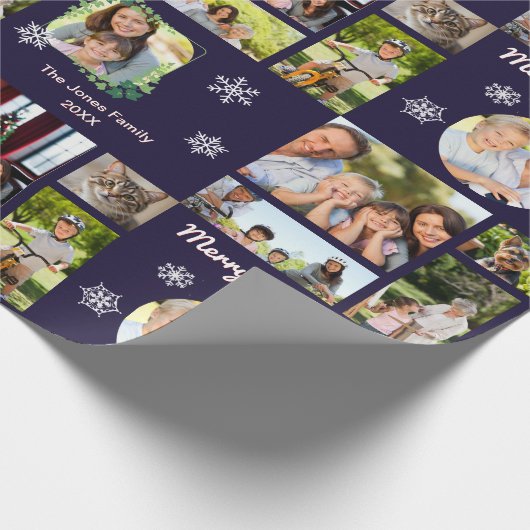 Familie Fotogalerij Donkerblauw Custom Christmas Cadeaupapier (Hoek)
