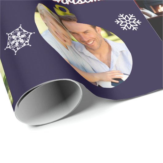 Familie Fotogalerij Donkerblauw Custom Christmas Cadeaupapier (Rol Hoek)