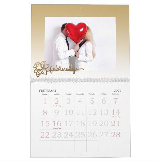 Familie fotokalender, bewerkbare gouden bloem kalender (Feb 2026)