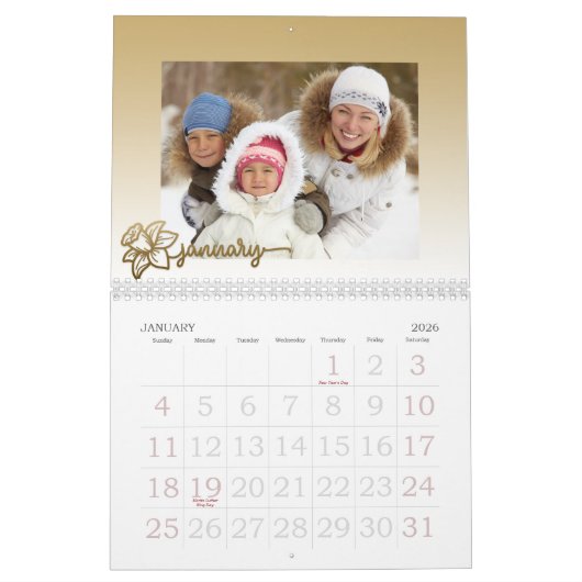 Familie fotokalender, bewerkbare gouden bloem kalender (Jan 2026)