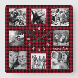 Familie Fotoklok, Collage van 8, Buffalo Plaid Vierkante Klok