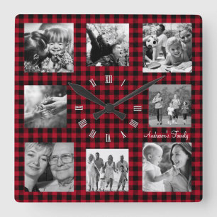 Familie Fotoklok, Collage van 8, Buffalo Plaid Vierkante Klok