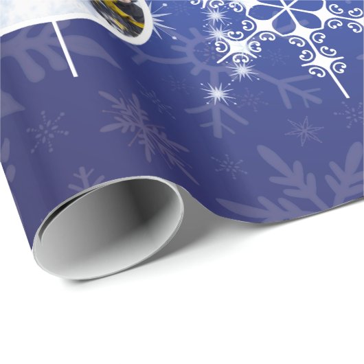 Familie Foto's met Kerstmis Snowflakes Cobalt Blue Cadeaupapier (Rol Hoek)