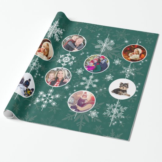 Familie Foto's met Kerstmis Snowflakes Elegant Gre Cadeaupapier (Uitgerold)