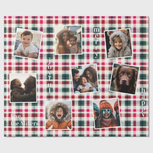 Familie Foto's Plaid Kerstmis | Happy Merry Joyful Cadeaupapier (Vlak)