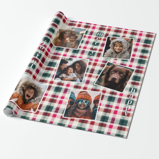 Familie Foto's Plaid Kerstmis | Happy Merry Joyful Cadeaupapier (Uitgerold)