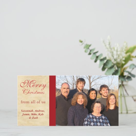 Familie Foto's Vrolijk kerstperkament Feestdagenkaart (Staand voorkant)