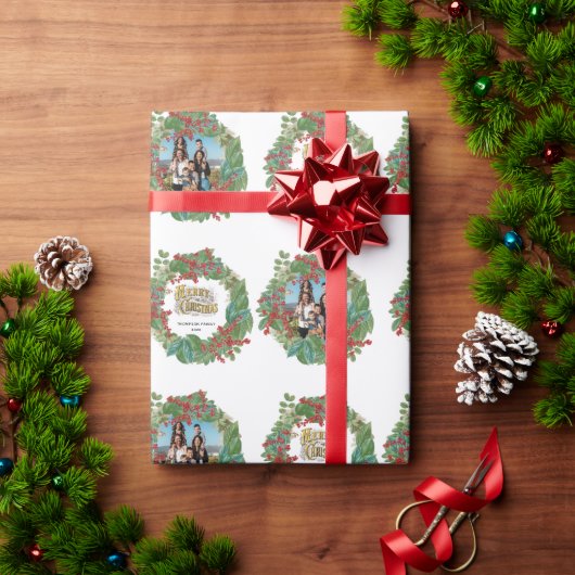 Familie Fotoscript Vakantie Vrolijke Kerstmis Kaar Cadeaupapier (Feestdagen Geschenken)