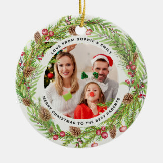 Familie gebladerte krans foto Kerstmis elegant Keramisch Ornament