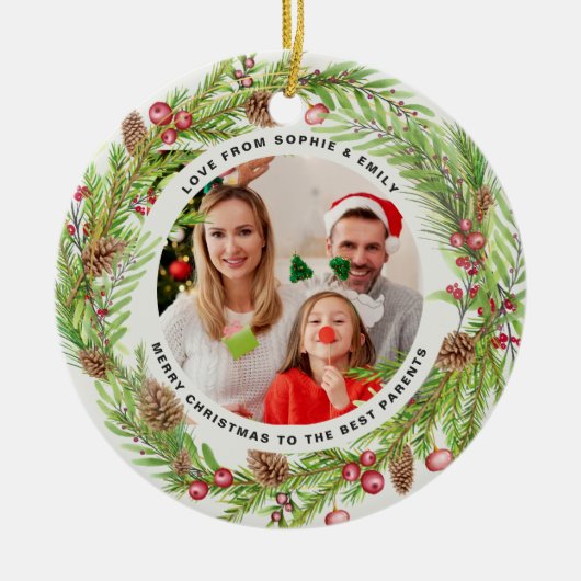 Familie gebladerte krans foto Kerstmis elegant Keramisch Ornament (Voorkant)