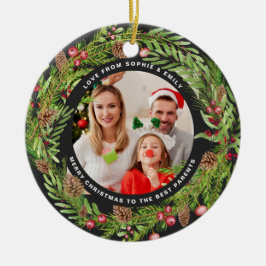 Familie gebladerte krans foto Kerstmis zwart Keramisch Ornament