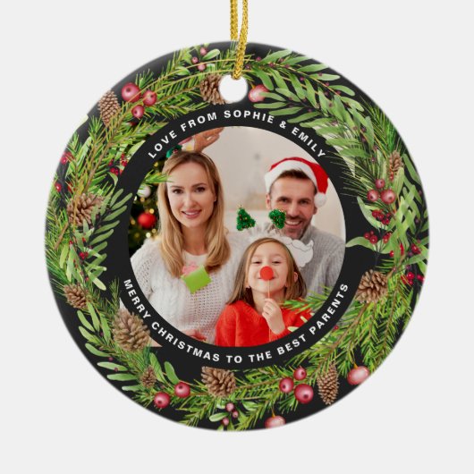 Familie gebladerte krans foto Kerstmis zwart Keramisch Ornament (Voorkant)