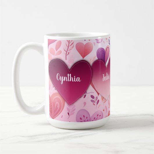 Familie gepatchte harten op patroon met naam koffiemok (Links)