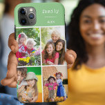 Familie Groen 4 Fotocollage Aangepast Case-Mate iPhone Case<br><div class="desc">Creëer uw eigen aangepaste telefoonhoes voor iphone 11 pro max en vele andere modellen. Het ontwerp heeft een rasterfotocollage met 4 van uw favoriete foto's, jouw naam en het woord "familie". De fotosjabloon staat klaar voor u om uw foto's toe te voegen en werkt met de klok mee vanaf de...</div>