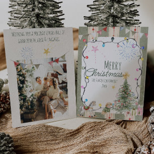 Familie Groene Strepen Cute Foto Prettig Kerstfees Feestdagenkaart