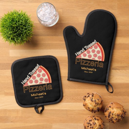 Familie hand gegooide pizza pizzeria ovenwant & pannenlap set (Top down)