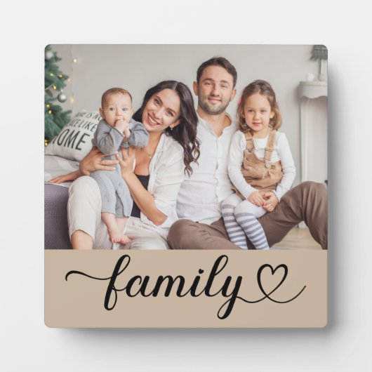 Familie Hart Script Beige Foto Display Fotoplaat (Voorkant)