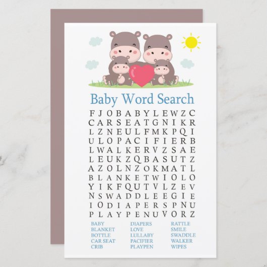 Familie hippo Baby shower Word Search Game (Voorkant / Achterkant)