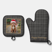 Familie Hond Foto Gepersonaliseerde Grijs Plaid Ovenwant & Pannenlap Set (Voorkant)