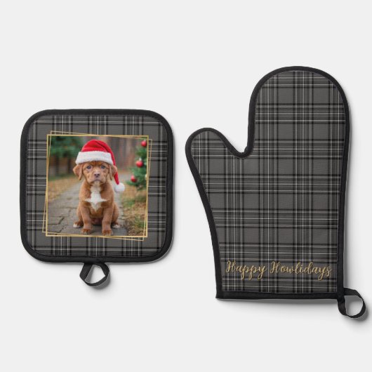Familie Hond Foto Gepersonaliseerde Grijs Plaid Ovenwant & Pannenlap Set (Voorkant)