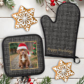 Familie Hond Foto Gepersonaliseerde Grijs Plaid Ovenwant & Pannenlap Set