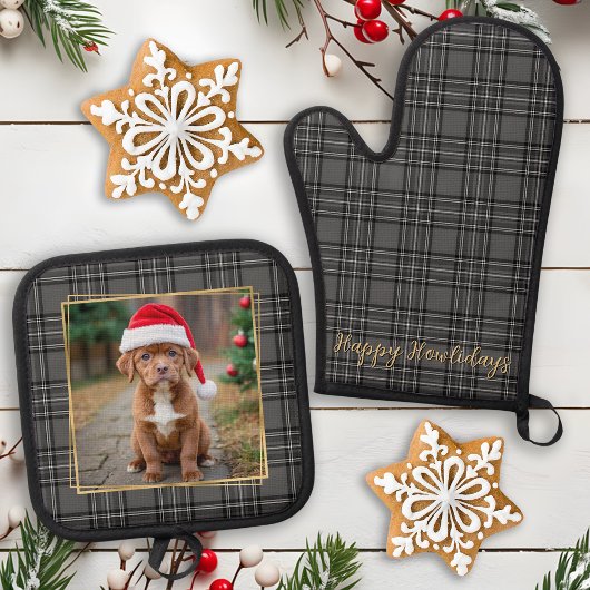 Familie Hond Foto Gepersonaliseerde Grijs Plaid Ovenwant & Pannenlap Set