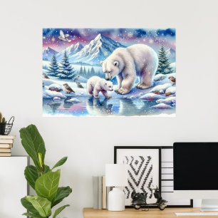 Familie IJsbeer Besneeuwde Scène Schildering Poster