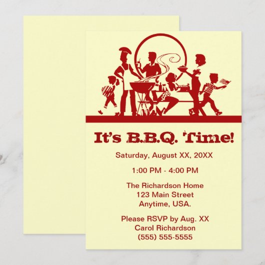 Familie in een barbecueskast die rood en crème uit kaart (Voorkant / Achterkant)