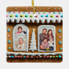Familie in Gingerbread House Kerstmis Foto Keramisch Ornament