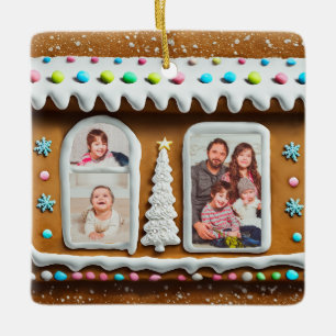 Familie in Gingerbread House Kerstmis Foto Keramisch Ornament