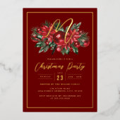Familie Initiaal Goud Rood Bladerdek Kerstfeest Folie Uitnodiging (Voorkant)