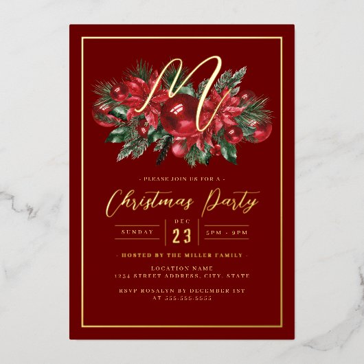 Familie Initiaal Goud Rood Bladerdek Kerstfeest Folie Uitnodiging (Voorkant)