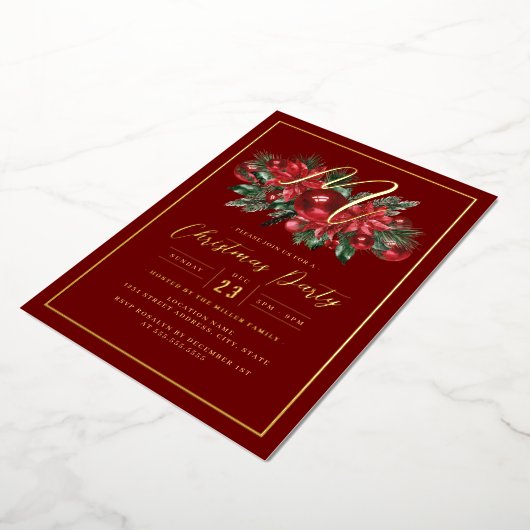 Familie Initiaal Goud Rood Bladerdek Kerstfeest Folie Uitnodiging (Gedraaid)