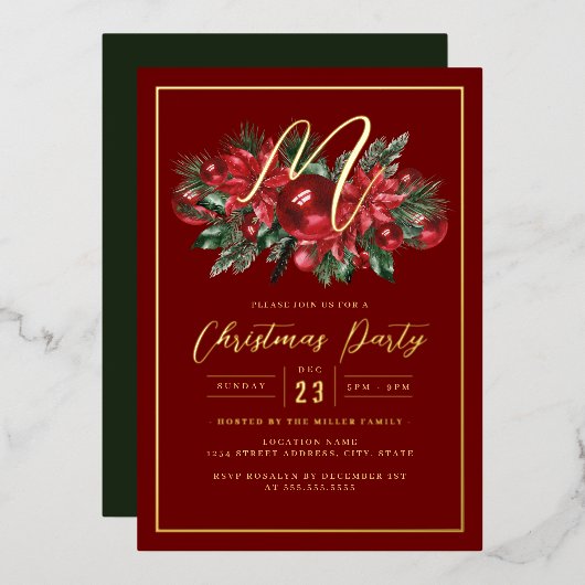 Familie Initiaal Goud Rood Bladerdek Kerstfeest Folie Uitnodiging (Voorkant / Achterkant)