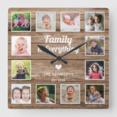 Familie is alles 12 foto Collage rustiek hout Vierkante Klok (Voorkant)