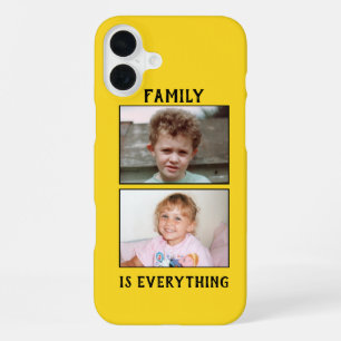 Familie is alles 2 foto's van je kinderen geel iPhone 16 plus hoesje