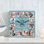 Familie is Alles Citaat Foto Collage Blue Vierkante Klok<br><div class="desc">Creëer eenvoudig uw eigen,  gepersonaliseerde blauwe,  rustige driftwood planks van het meer huisstijl met uw aangepaste foto's. Het ontwerp kenmerkt ook een mooie handgeschreven manuscriptcitaat: "Familie is alles". Voor beste resultaten,  bewaar de afbeeldingen aan vierkant - met het nadrukpunt in het centrum - alvorens te uploaden.</div>