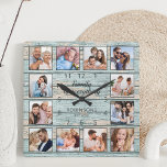 Familie is alles-Citaat fotocollage blauw Vierkante Klok<br><div class="desc">creëer eenvoudig uw eigen,  gepersonaliseerde blauwe,  bijtende driftwood planks muurklok in het meer met uw aangepaste foto's. Het ontwerp kenmerkt ook een mooie handgeschreven manuscriptcitaat: "Familie is alles".  Voor beste resultaten,  bewaar de afbeeldingen aan vierkant - met het nadrukpunt in het centrum - alvorens te uploaden.</div>