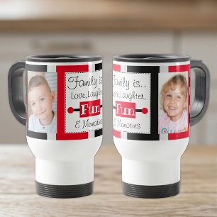 Familie is liefde gestreepte foto's zwart rood reisbeker