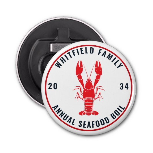 Familie Jaarlijkse Zeevruchten Kook Lobster Aanden Button Flesopener (Voorkant)