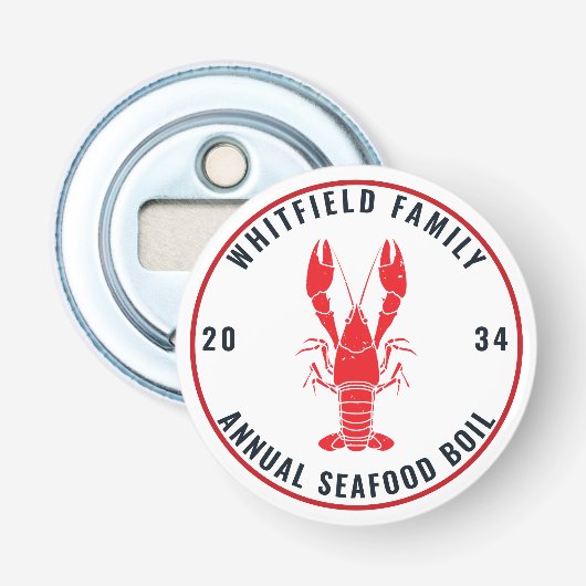 Familie Jaarlijkse Zeevruchten Kookpot Kreeft Aand Button Flesopener (Voorkant)