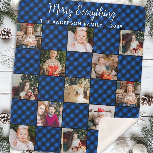 Familie Kerst Custom Blue Plaid Fotocollage Sherpa Deken