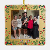 Familie Kerst Dubbele Foto Goud en Holly Lijst Keramisch Ornament (Voorkant)