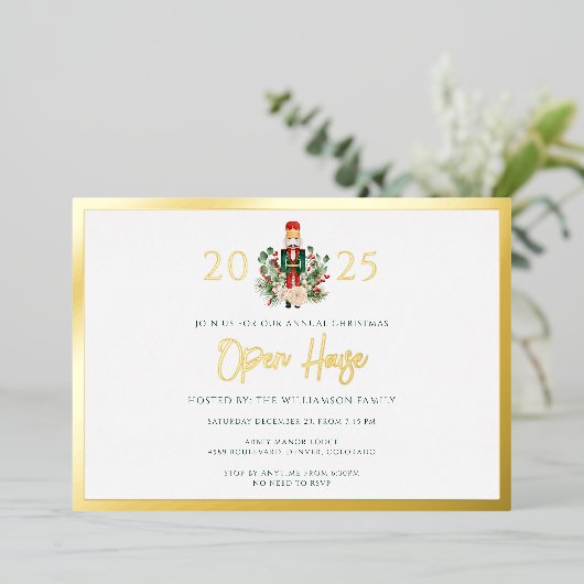 Familie Kerst Feestdagen Open Huis Party Gold Folie Uitnodiging (Staand Voorkant)