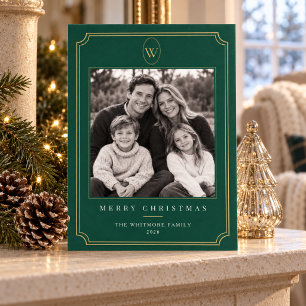 Familie Kerst Foto Groen & Goud Monogram Feestdagenkaart