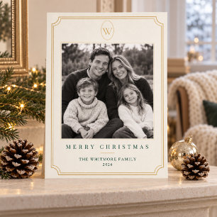 Familie Kerst Foto Ivoor & Goud Monogram Feestdagenkaart