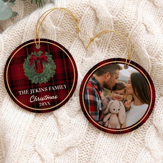 Familie Kerst Foto Rood Geruit Ornament